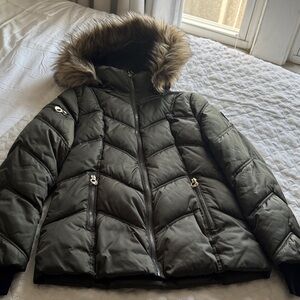Nautica Olive Green Quilted Puffer Jacket with Faux Fur Trim
